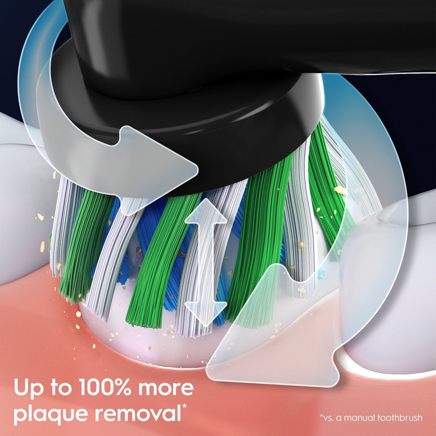 Oral-B Pro 3 Sort eltandbørstehoved med blå og grønne børster i cirkulær bevægelse mod tænder.