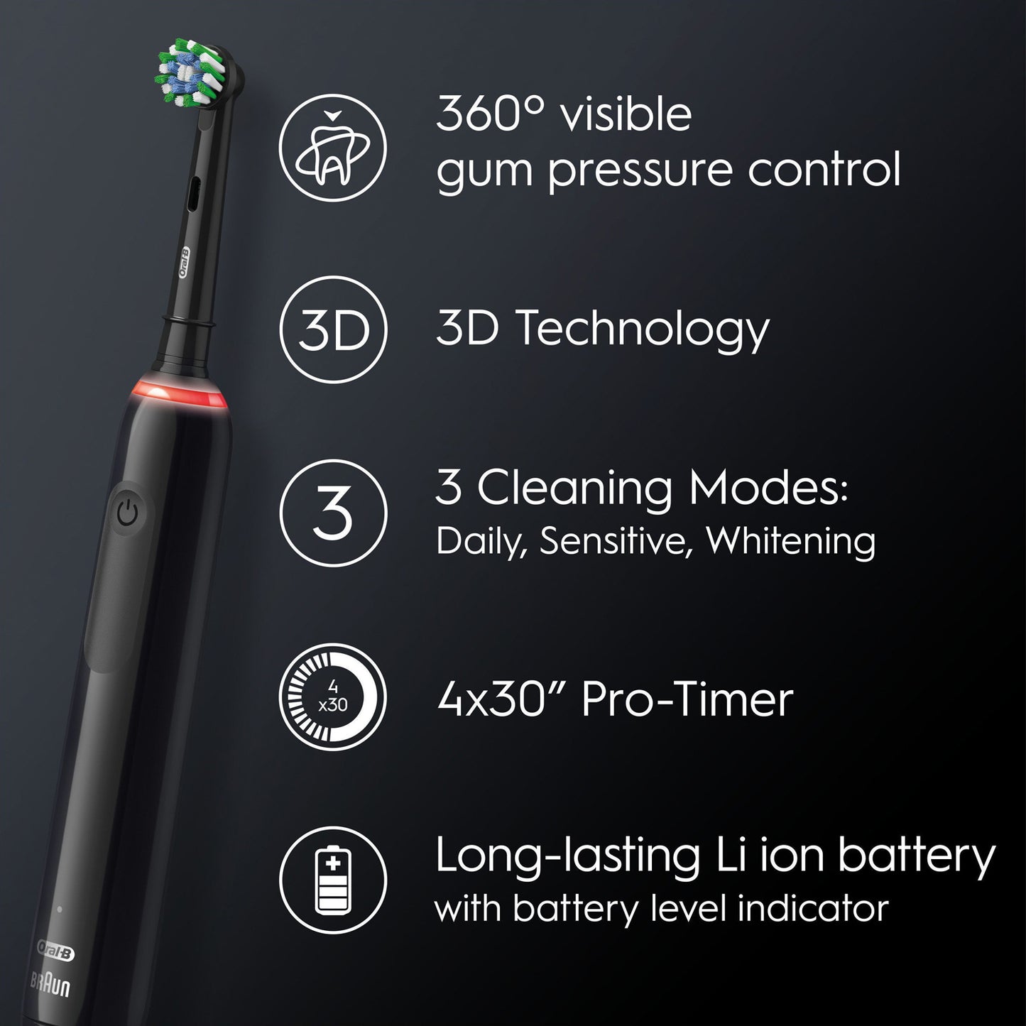 Oral-B Pro 3 sort elektrisk tandbørste med 360° trykkontrol, 3D-teknologi, 3 tilstande, 4x30 sek timer, li-ion batteri.