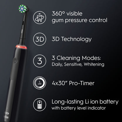 Oral-B Pro 3 sort elektrisk tandbørste med 360° trykkontrol, 3D-teknologi, 3 tilstande, 4x30 sek timer, li-ion batteri.