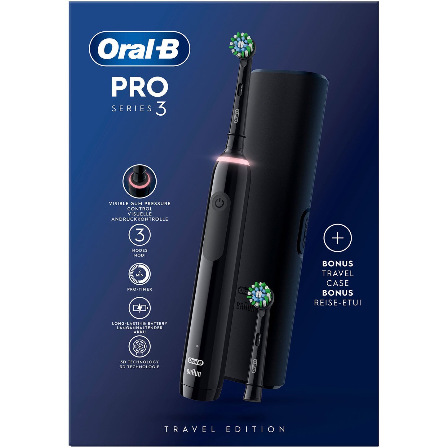 Oral-B Pro 3 sort elektrisk tandbørste med sort håndtag, 2 børstehoveder, rejseetui, 3 tilstande, synlig tryksensor.
