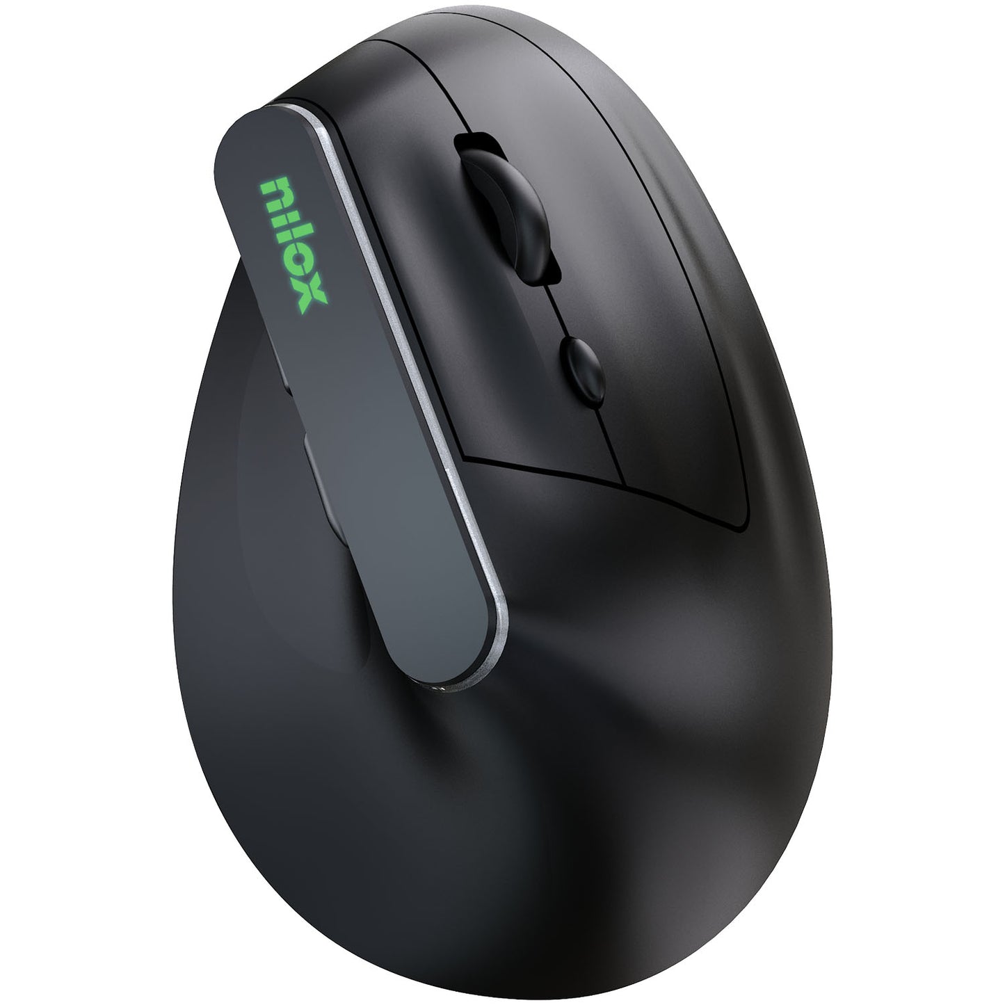 Nilox trådløs ergonomisk vertikal mus Bluetooth, sort, sideknapper, grønt Nilox-logo på tommelstøtte.
