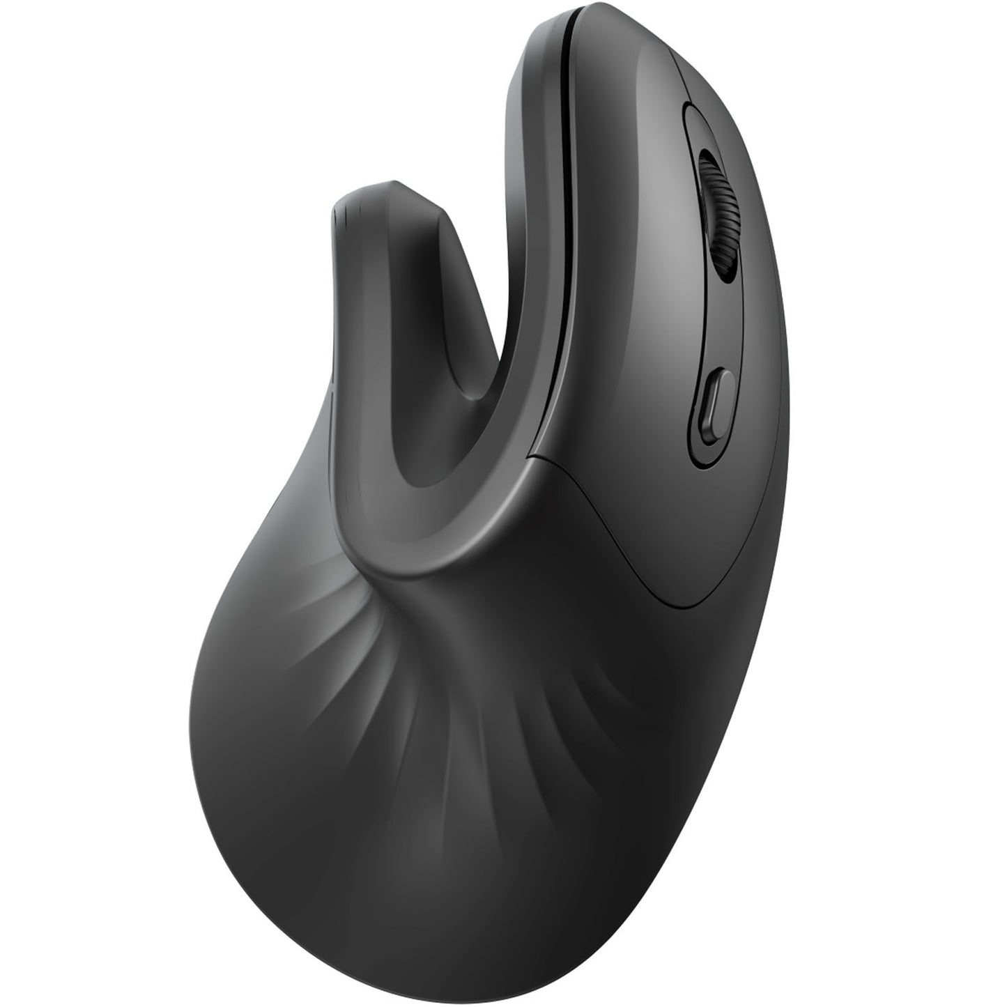 Trådløs ergonomisk vertikal mus sorteret med scrollhjul, sideknap og stille klik, vist fra skrå vinkel.