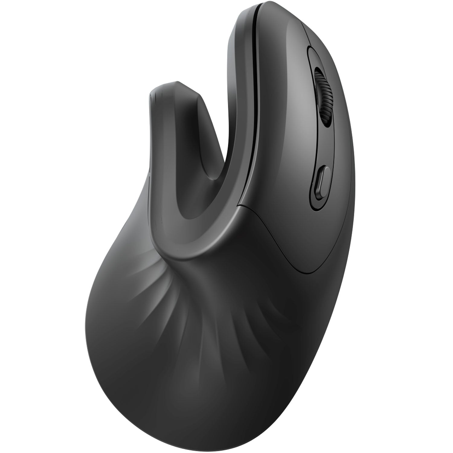 Trådløs ergonomisk vertikal mus sorteret med scrollhjul, sideknap og stille klik, vist fra skrå vinkel.