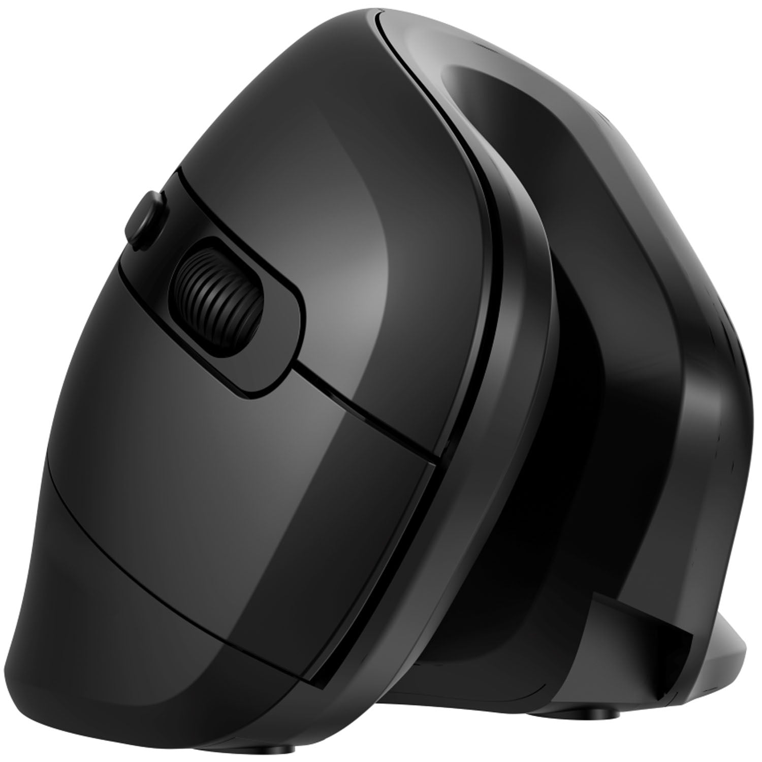 Trådløs ergonomisk vertikal mus i sort med stille klik, sideknapper og scrollhjul.