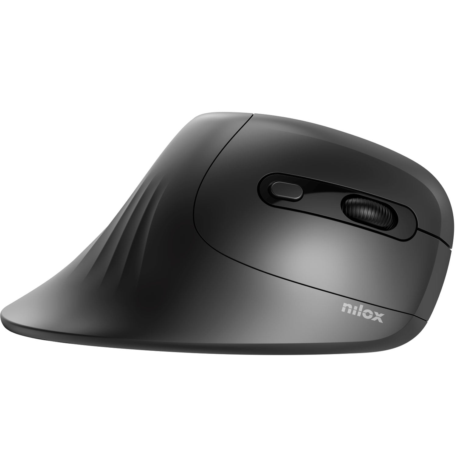 Trådløs ergonomisk vertikal mus, sort, sideknapper, scrollhjul og stille klik.