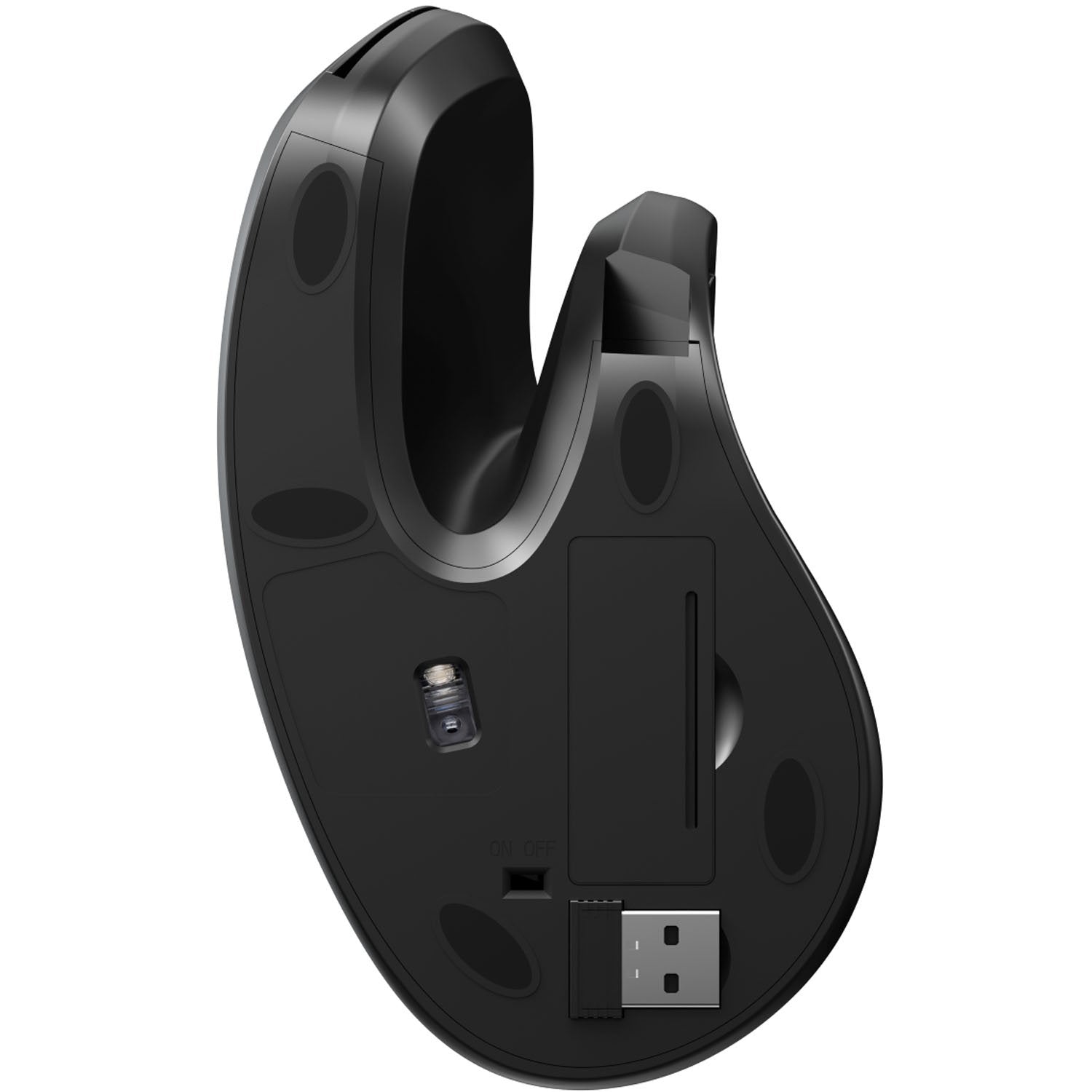 Trådløs ergonomisk vertikal mus på undersiden med optisk sensor, tænd/sluk-knap, batterirum og USB-modtager.