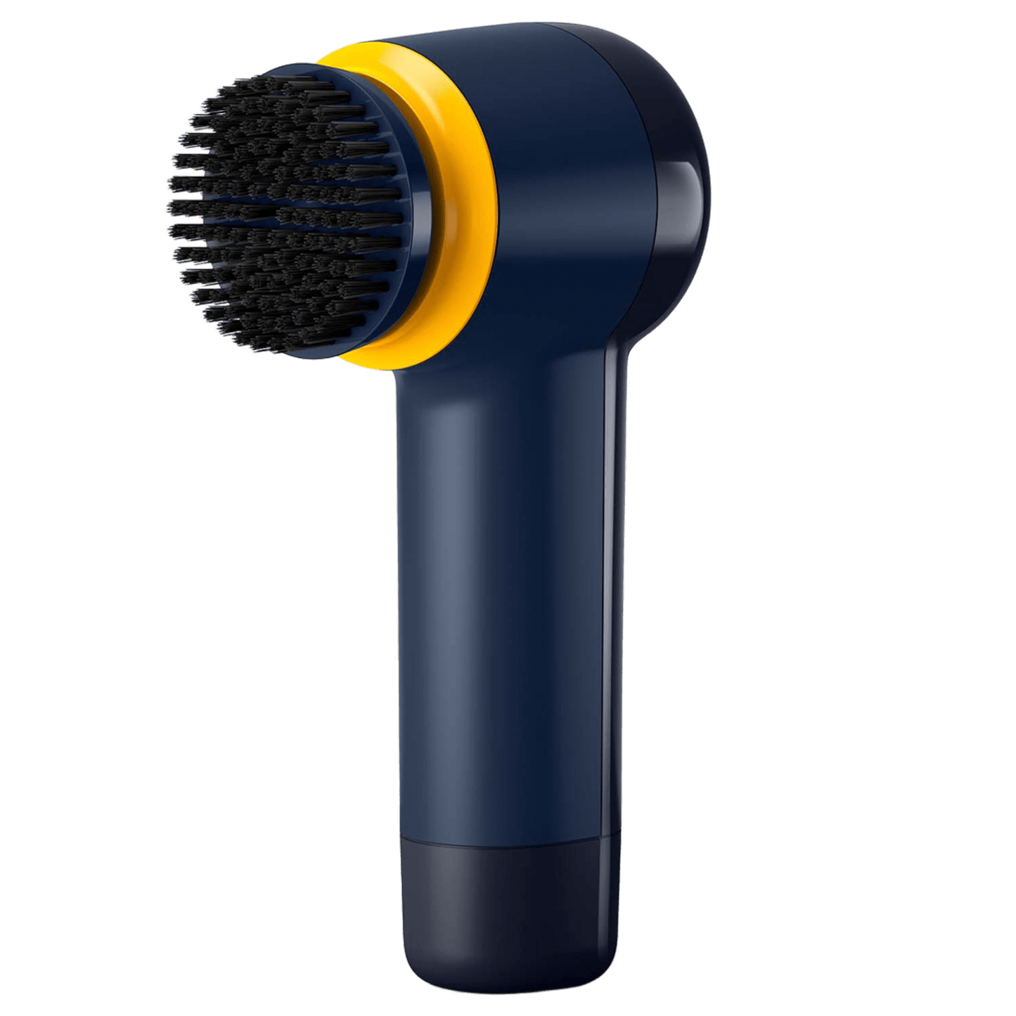 Philips genopladelig skopudser, mørkeblå krop, sort rund børstehoved, gul ring øverst.