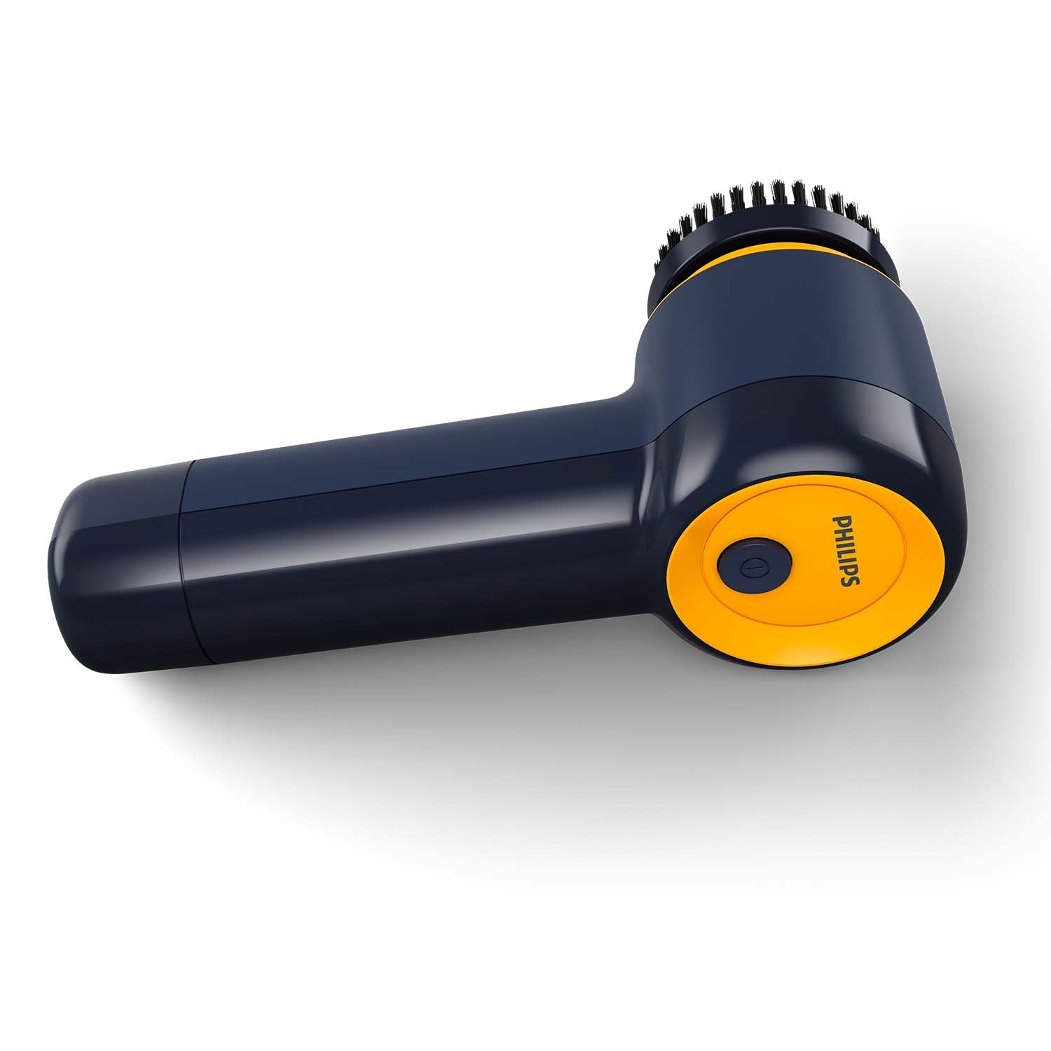 Philips genopladelig skopudser, håndholdt, mørkeblå/gul, rund børstehoved, synlig power-knap.