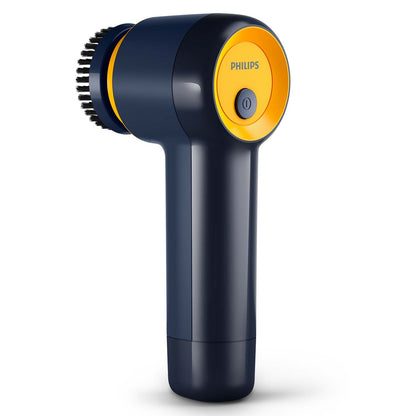 Philips genopladelig skopudser, marineblå med gule detaljer, rund børste og cirkulær tænd/sluk-knap.