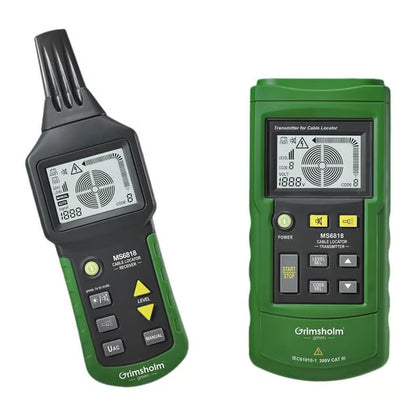Grimsholm signalkabelsøger MS6818, grøn, digital skærm, knapper, enhed med sort antenne samt enhed med start-/stop-knap.