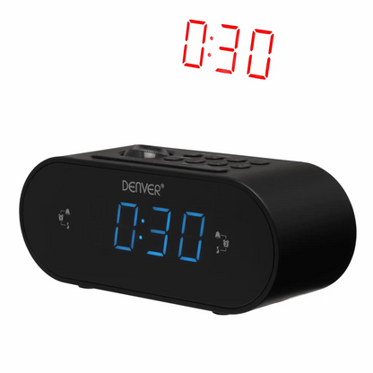 DENVER CRP-717 projektionsur med dobbelt alarm, sort, viser 0:30 med blå LED samt 0:30 projiceret med røde digitale tal.
