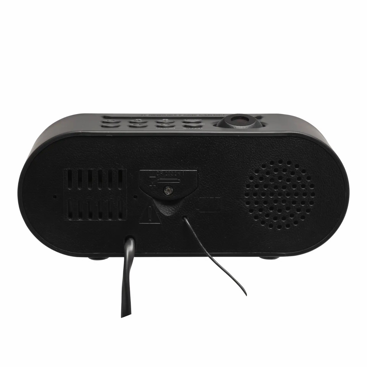 DENVER CRP-717 projektions-radiovækkerur, sort, FM-radio med dobbelt alarm, stik bagpå, ventilationsåbninger, højttalergrill, knapper på toppen.