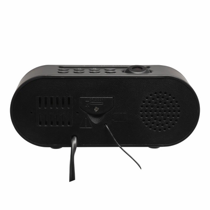 DENVER CRP-717 projektions-radiovækkerur, sort, FM-radio med dobbelt alarm, stik bagpå, ventilationsåbninger, højttalergrill, knapper på toppen.