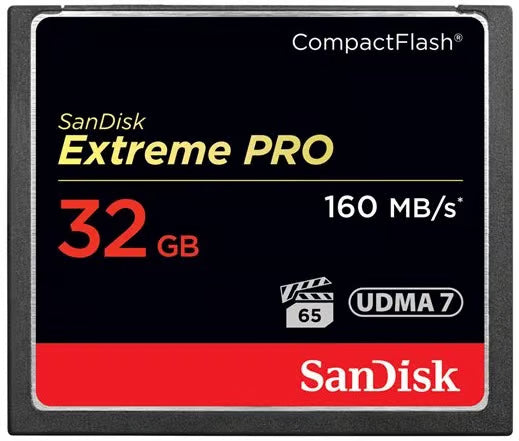 SanDisk Extreme PRO CompactFlash 32 GB, op til 160 MB/s, sort med røde/gule detaljer, UDMA 7, kamera- og hukommelsesikoner.