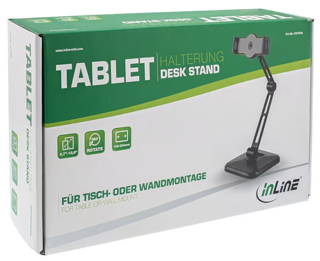 InLine universal-tabletholder til væg eller bord, 4,7–12,9″, 360° drejning, grøn og hvid æske med specifikationer.
