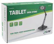 InLine universal-tabletholder til væg eller bord, 4,7–12,9″, 360° drejning, grøn og hvid æske med specifikationer.