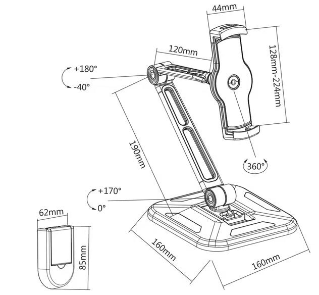 Tegning af InLine universal-tabletholder til væg/bord, 4,7–12,9″, mål: fod 160 mm, arm 190 mm, holderbredde 44–128 mm.