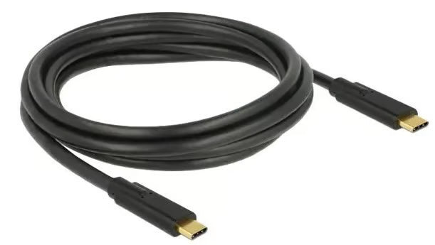 Delock USB-C til USB-C-kabel, sort, 2 meter, spiralkabel, forgyldte stik, Power Delivery op til 5 A, dataoverførsel på 5 Gbps.