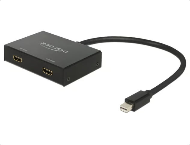 DELOCK Mini DisplayPort til 2x HDMI-adapter, sort, kort kabel, to HDMI-porte, 4K 60 Hz, DELOCK-logo på æsken.