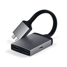 SATECHI USB-C/HDMI-hub ST-TCDHAM i metallisk design med sort, fleksibelt kabel til HDMI-porte med 4K og USB-C-port.