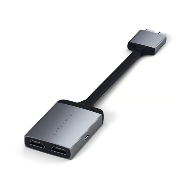 SATECHI USB-C/HDMI-hub ST-TCDHAM med sort kabel, USB-C-stik, 2 x 4K HDMI-porte og en ekstra USB-C-port.