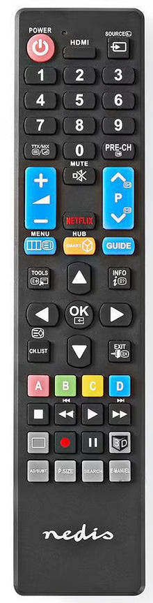 König universal-fjernbetjening til Samsung-tv, sort, med Netflix-knap, tænd/sluk-knap, taltaster, piletaster og farveknapper.