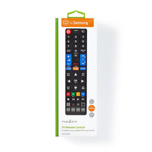 König universal-fjernbetjening til Samsung-tv i hvid og grøn emballage med billede og farvede knapper.