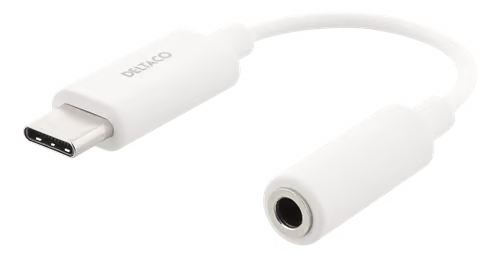 Hvid aktiv USB-C til 3,5 mm-adapter med DAC, USB-C-stik til venstre og 3,5 mm-jackstik til højre.