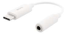 Hvid aktiv USB-C til 3,5 mm-adapter med DAC, USB-C-stik til venstre og 3,5 mm-jackstik til højre.