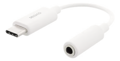 Hvid aktiv USB-C til 3,5 mm-adapter med DAC, USB-C-stik til venstre og 3,5 mm-jackstik til højre.