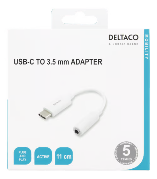 Mobility USB-C til 3,5 mm aktiv DAC-adapter i æske med plug-and-play, 11 cm kabel og 5 års garanti.