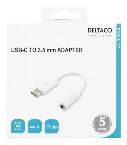 Mobility USB-C til 3,5 mm aktiv DAC-adapter i æske med plug-and-play, 11 cm kabel og 5 års garanti.