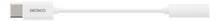 DUALCO USB-C til 3,5 mm aktiv DAC-adapter i hvid med DUALCO-logo på venstre stik.