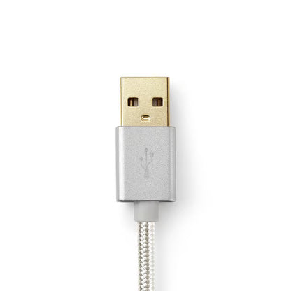 NEDIS 2-i-1 USB-A-kabel, 2 m, hvidt flettet, forgyldt stik, sølvfarvet hus, Lightning- og Micro-USB-adaptere.