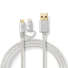 2-i-1 2 m flettet sølvkabel med USB-A til Lightning (MFI) og Micro-USB-stik.