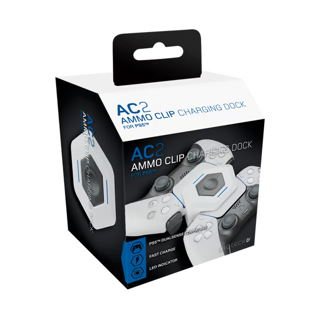 PS5-controlleroplader AC-2, blå/hvid, USB-C-hurtigopladning, 2 m kabel, LED-indikator.