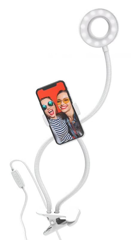 DigiPower vlogging-ringlys, 7,6 cm, hvid, med telefonholder, USB og klips, vist sammen med en smartphone og to kvinder på rød baggrund.