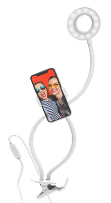 DigiPower vlogging-ringlys, 7,6 cm, hvid, med telefonholder, USB og klips, vist sammen med en smartphone og to kvinder på rød baggrund.