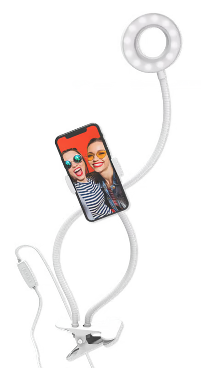 DigiPower vlogging-ringlys, 7,6 cm, hvid, med telefonholder, USB og klips, vist sammen med en smartphone og to kvinder på rød baggrund.