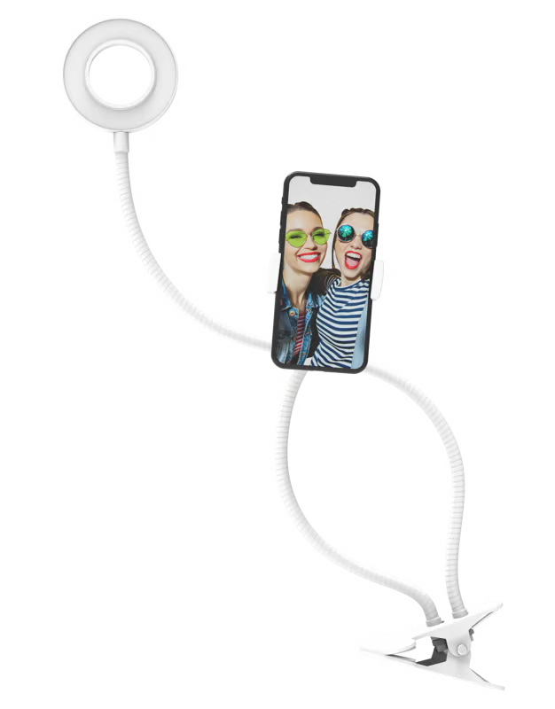 DigiPower vlogging-ringlys på 7,6 cm med fleksibel telefonholder, USB-ringlys og klemme viser en mobiltelefon med to personer.