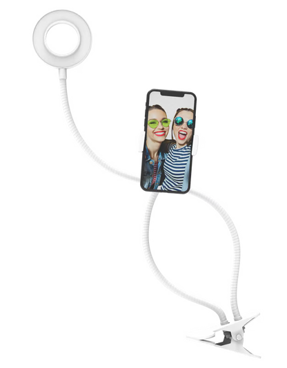 DigiPower vlogging-ringlys på 7,6 cm med fleksibel telefonholder, USB-ringlys og klemme viser en mobiltelefon med to personer.