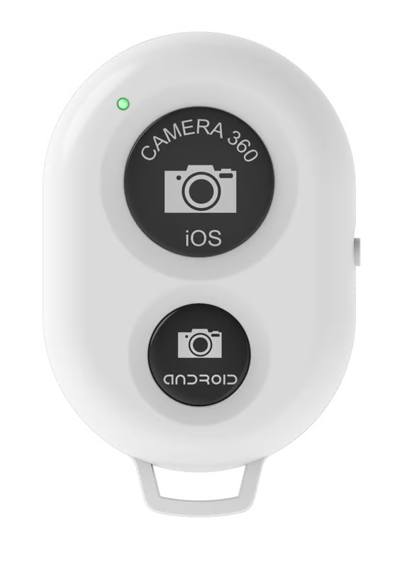 DigiPower vlogging-ringlys, 7,6 cm, med telefonholder, hvid Bluetooth-fjernbetjening med CAMERA 360-knapper til iOS/Android og grøn indikatorlampe.