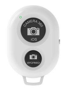 DigiPower vlogging-ringlys, 7,6 cm, med telefonholder, hvid Bluetooth-fjernbetjening med CAMERA 360-knapper til iOS/Android og grøn indikatorlampe.