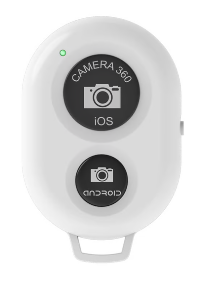 DigiPower vlogging-ringlys, 7,6 cm, med telefonholder, hvid Bluetooth-fjernbetjening med CAMERA 360-knapper til iOS/Android og grøn indikatorlampe.