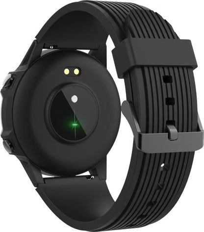 DENVER multisport-smartwatch i sort, rund sensor med grønt lys, struktureret sort rem, metalspænde.