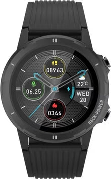 DENVER multisport-smartwatch i sort, rundt display med skridt, puls, kalorier, temperatur, dato og fire farvede ikoner, riflet sort rem.