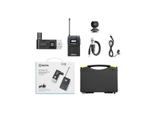 BOYA BY-WM8 Pro-K7 trådløst UHF-mikrofonsystem med modtager, sender, kabler, etui og emballage.