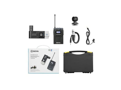 BOYA BY-WM8 Pro-K7 trådløst UHF-mikrofonsystem med modtager, sender, kabler, etui og emballage.