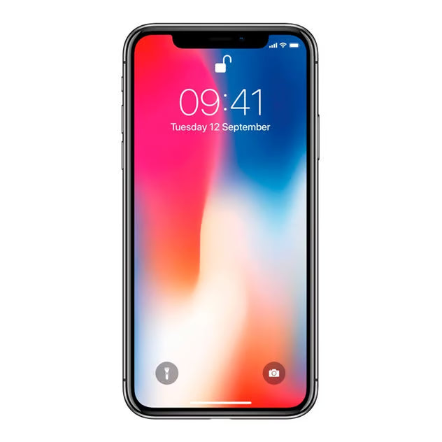 Apple iPhone X 64 GB Space Gray, brugt, klasse B, med farveovergang på låseskærmen, kl. 09:41, dato 12. september, ikoner nederst.