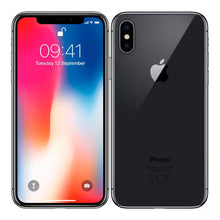 Apple iPhone X 64 GB Space Gray, klasse B, brugt, forside med klokkeslæt 09:41 den 12. september, bagside med Apple-logo og dobbeltkamera.